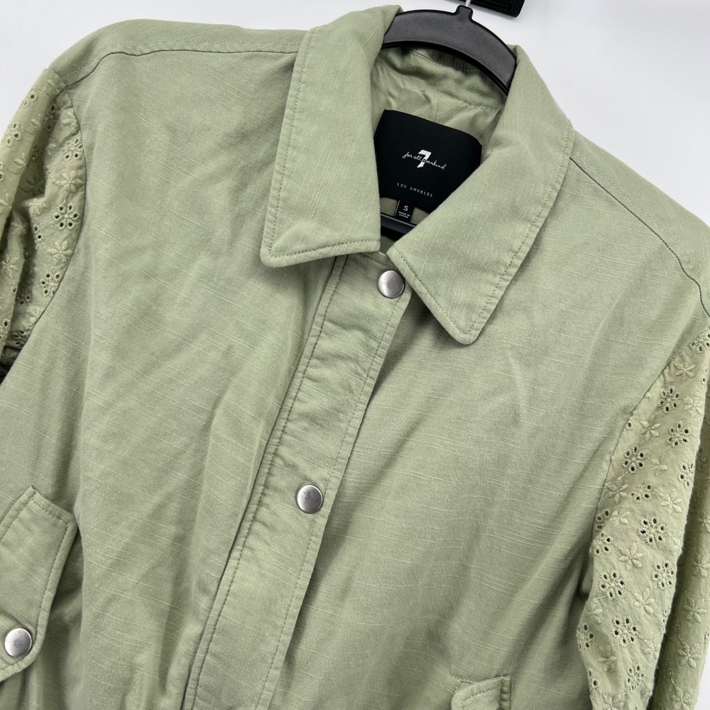 7 For All Mankind Womens Jacket Green Eyelet Sleeve‎ Collared Bomber Small